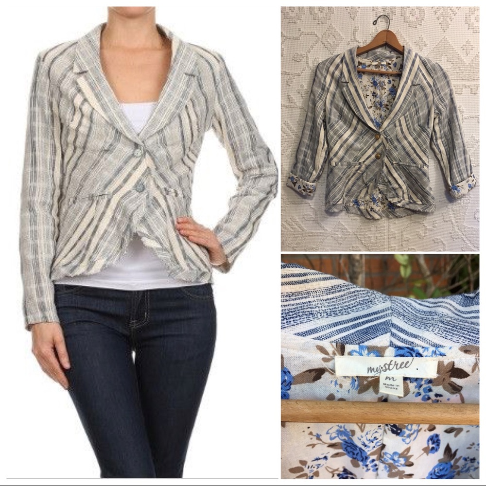 #326 ANTHROPOLOGIE MYSTREE Striped Blazer in Blue and White M